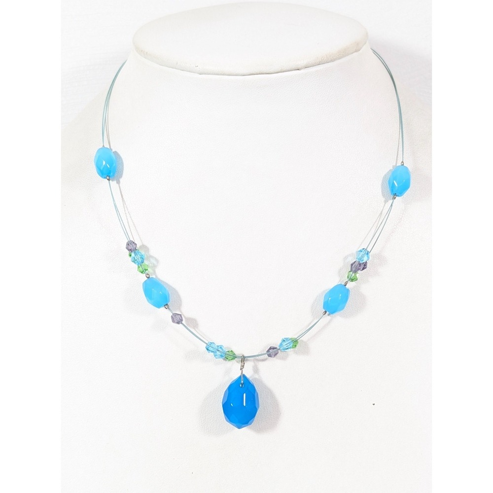 Beachy Boho Aqua Blue Glass Bead Charm Wire Necklace‎ 20 inch
